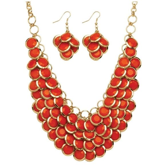Yellow Gold and Round Fire Orange Lucite Bib Necklace and Earrings Set